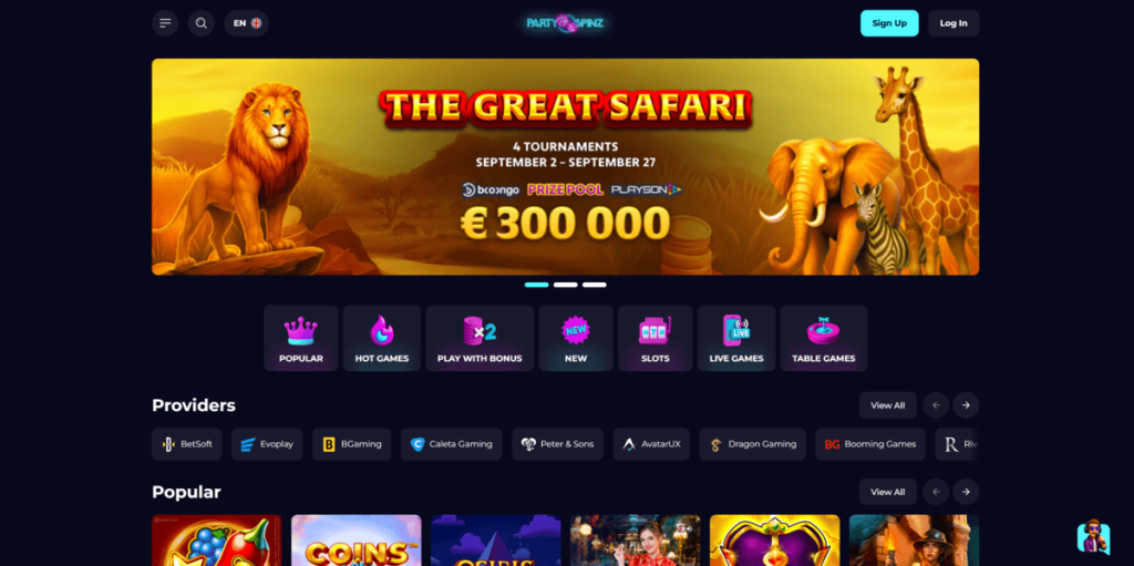 PartySpinz Casino homepage screenshot